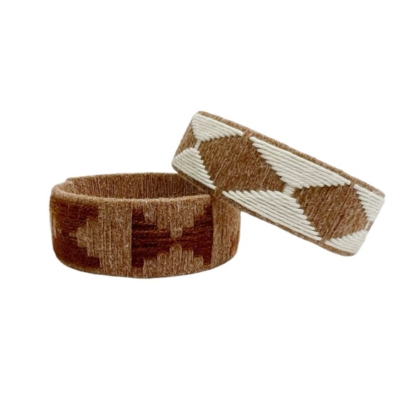 Brown & White Yarn Wrapped Aztec Native Pattern Cuff Bracelets - Picture 7 of 10